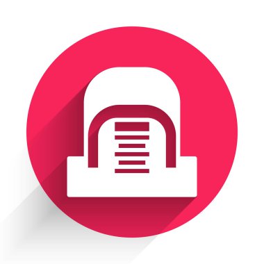 Sunucu simgesine sahip beyaz hangar uzun gölge arkaplanlı. Sunucu, Data, Web Sunucusu. Kırmızı daire düğmesi. Vektör