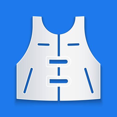 Kağıt kesiği av ceketi ikonu mavi arka planda izole edilmiş. Av yeleği. Kağıt sanatı tarzı. Vektör.