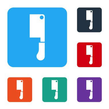 Beyaz Et Helikopteri simgesi beyaz arkaplanda izole edildi. Kasap bıçağı. Et için mutfak bıçağı. Kasap bıçağı. Renkli kare düğmelerle simgeleri ayarla. Vektör.