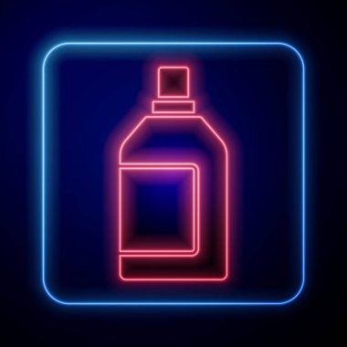 Çamaşır deterjanı, çamaşır suyu, bulaşık deterjanı ya da mavi arka planda izole edilmiş başka bir temizlik maddesi ikonu için parlayan neon plastik şişe. Vektör.