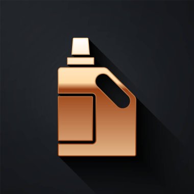 Çamaşır deterjanı, çamaşır suyu, bulaşık deterjanı ya da siyah arka planda izole edilmiş başka bir temizlik malzemesi için altın plastik şişe. Uzun gölge tarzı. Vektör.