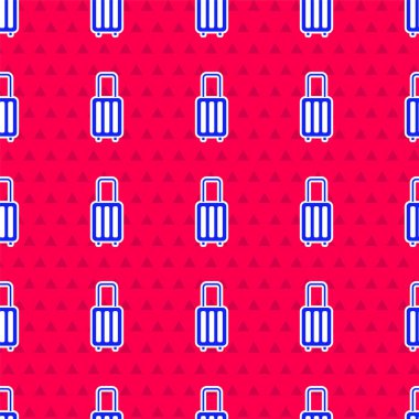 Seyahat simgesi için mavi bavul kırmızı arkaplanda izole edilmiş pürüzsüz desen. Seyahat bagaj tabelası. Seyahat bagaj ikonu. Vektör.