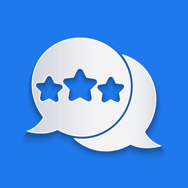 Kağıt kesiği Beş yıldızlı müşteri değerlendirme simgesi mavi arka planda izole edildi. Favori, en iyi derecelendirme, ödül sembolü. Kağıt sanatı tarzı. Vektör.