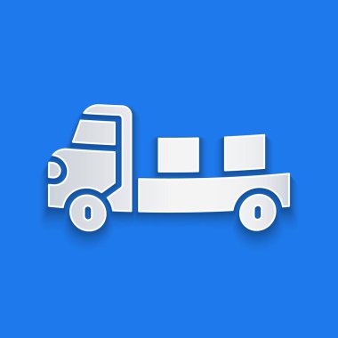 Kağıt kesiği kamyonet ikonu mavi arka planda izole edilmiş. Kağıt sanatı tarzı. Vektör.