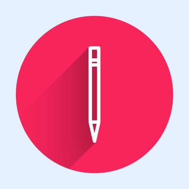 Silgi simgesi uzun gölgeli beyaz çizgi kalem. Çizim ve eğitim araçları. Okul sembolü. Kırmızı daire düğmesi. Vektör İllüstrasyonu.