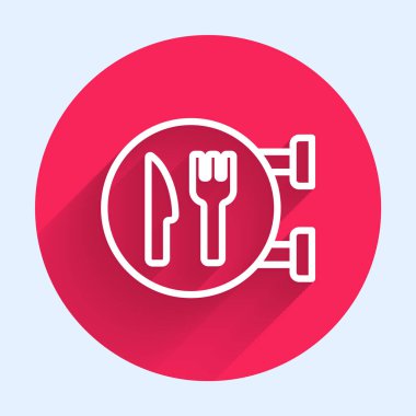 Beyaz çizgili kafe ve restoran konumu ikonu uzun gölgeli izole edilmiş. Noktanın içinde çatal ve kaşık yeme işareti var. Kırmızı daire düğmesi. Vektör..