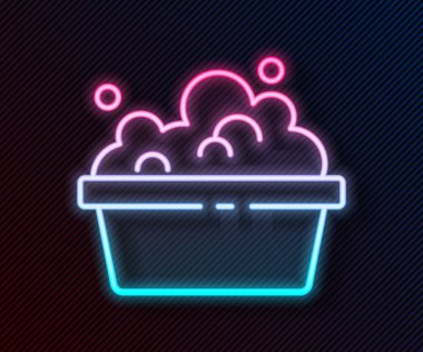 Siyah zemin üzerinde sabun köpüğü simgesi olan parlak neon çizgisi plastik leğen. Sulu kase. Çamaşır yıkama, temizlik malzemeleri. Vektör.