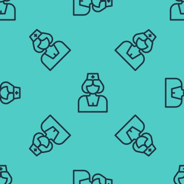 Siyah çizgi hemşire ikonu yeşil arka planda kusursuz desen izole etti. İlaç ve sağlık hizmetleri. Uluslararası Hemşireler Günün kutlu olsun. Vektör.