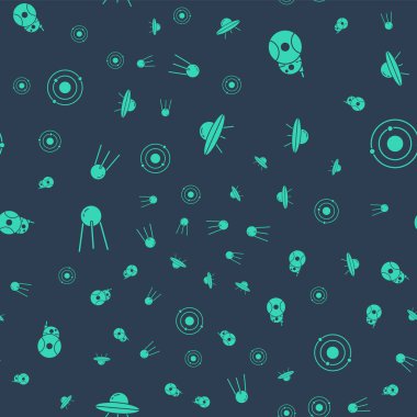 UFO uçan uzay gemisi, robot, uydu ve güneş sistemini kusursuz desene ayarlayın. Vektör.
