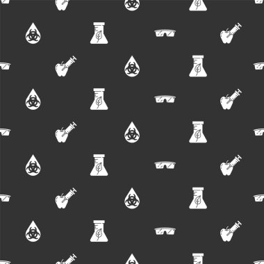 Laboratuvar gözlüklerini, elmayı, GDO 'yu, deney tüpünü ve matarayı dikişsiz desene göre ayarla. Vektör.