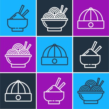 Pirinci yemek çubuğu, Çin şapkası ve kase ikonunda Asya eriştesi olan bir kaseye koy. Vektör.