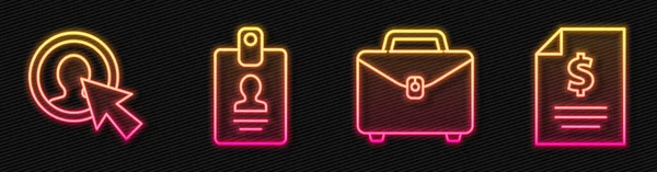 设置线公文包 商务西服 身份徽章和合同钱的用户 发光的霓虹灯图标 — 图库矢量图片
