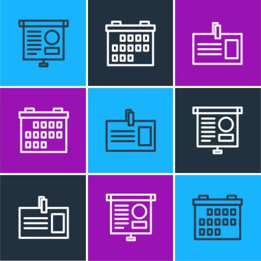 Çizgi tahtasını diyagram, kimlik kartı ve takvim simgesi ile ayarla. Vektör.