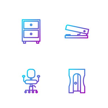 Kalem açacağı, ofis sandalyesi, doküman ve zımba dolu çekmece. Renk simgeleri. Vektör.