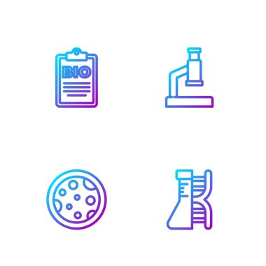 DNA araştırması, arama, bakterili Petri kabı, biyolojik sağlıklı yiyecek ve mikroskop için belge ayarlayın. Renk simgeleri. Vektör.