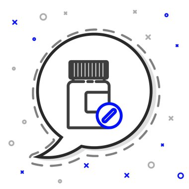 Hat ilacı şişesi ve beyaz arka planda izole edilmiş hap ikonu. Şişe hapı işareti. Eczane tasarımı. Renkli taslak konsepti. Vektör İllüstrasyonu.