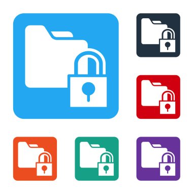 Beyaz Dizin ve kilit simgesi beyaz arkaplanda izole edildi. Kapalı dosya ve asma kilit. Güvenlik, güvenlik, koruma kavramı. Renkli kare düğmelerle simgeleri ayarla. Vektör