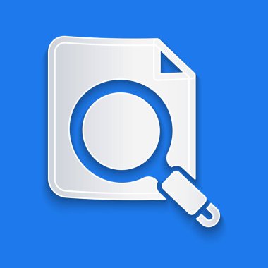 Mavi arkaplanda dizin simgesi izole edilmiş kağıt kesimi Arama kavramı. Büyüteç ve belge. Veri ve bilgi işareti. Kağıt sanatı tarzı. Vektör