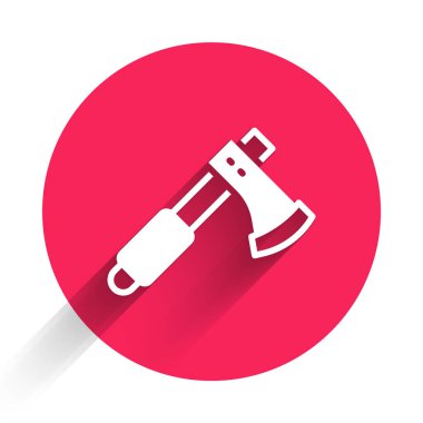 Beyaz tahta balta ikonu uzun gölgeli izole edilmiş. Oduncu baltası. Kırmızı daire düğmesi. Vektör.