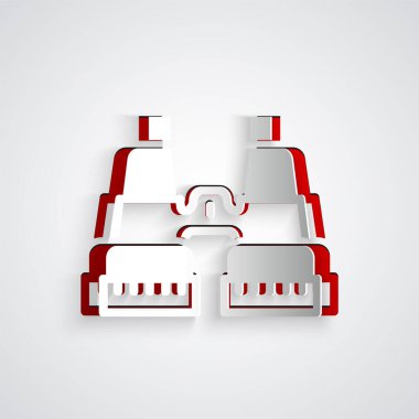 Kağıt kesiği Dürbün simgesi gri arkaplanda izole edilmiş. Yazılım işareti bul. Casus ekipman sembolü. Kağıt sanatı tarzı. Vektör.