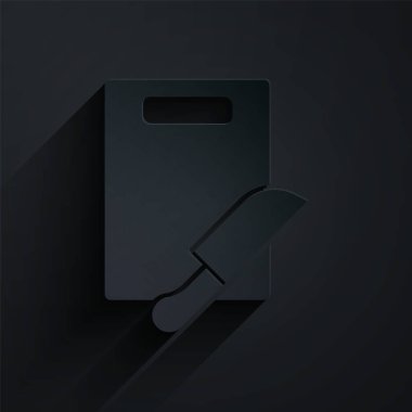 Kağıt kesme tahtası ve bıçak simgesi siyah arka planda izole edilmiş. Kesme tahtası sembolü. Çatal bıçak sembolü. Kağıt sanatı tarzı. Vektör.