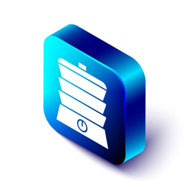 Isometric Yavaş Pişirme simgesi beyaz arkaplanda izole edildi. Elektrikli tava. Mavi kare düğme. Vektör.