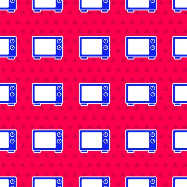 Mavi mikrodalga fırın ikonu kırmızı arka planda izole edilmiş pürüzsüz desen. Ev aletleri simgesi. Vektör.