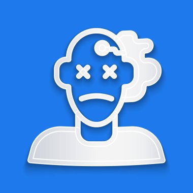 Kağıt kesiği mavi arkaplanda izole edilmiş cinayet simgesi. Vücut, kanama, ceset, kanayan ikon. Suç mahalli kavramı. Kağıt sanatı tarzı. Vektör.