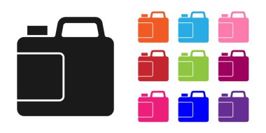 Çamaşır deterjanı, çamaşır suyu, bulaşık deterjanı ya da beyaz arka planda izole edilmiş başka bir temizlik malzemesi için siyah plastik şişe. Simgeleri renklendirin. Vektör.