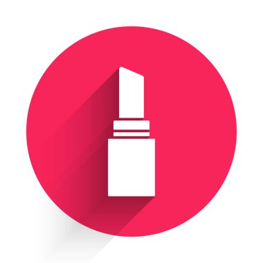 Uzun gölgeli beyaz ruj simgesi. 8 Mart. Uluslararası Mutlu Kadınlar Günü. Kırmızı daire düğmesi. Vektör.