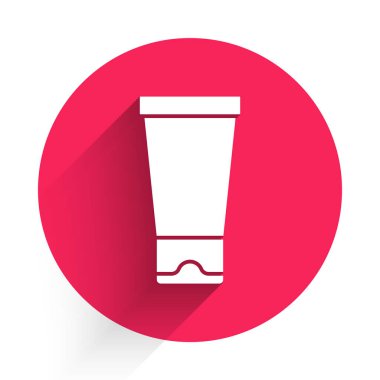 Beyaz Krem veya losyon kozmetik tüp ikonu uzun gölgeli izole edilmiş. Kadınlar için vücut bakım ürünleri. Kırmızı daire düğmesi. Vektör.