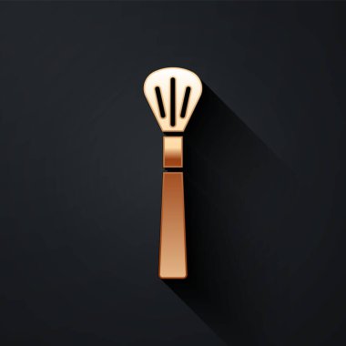 Siyah arkaplanda altın makyaj fırçası simgesi izole edildi. Uzun gölge tarzı. Vektör.