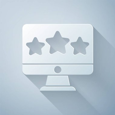 Kağıt kesiği Beş yıldızlı müşteri değerlendirme simgesi gri arka planda izole edildi. Favori, en iyi derecelendirme, ödül sembolü. Kağıt sanatı tarzı. Vektör.