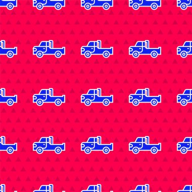 Mavi kamyonet ikonu kırmızı arka planda izole edilmiş. Vektör.