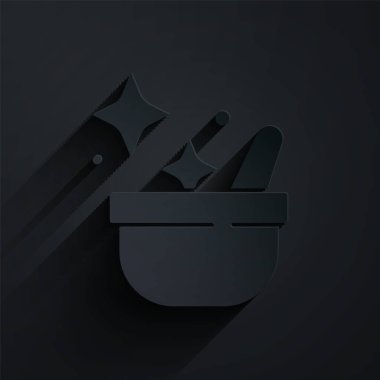 Kağıt kesiği cadı kazanı simgesi siyah arkaplanda izole edilmiş. Mutlu Cadılar Bayramı Partisi. Kağıt sanatı tarzı. Vektör.