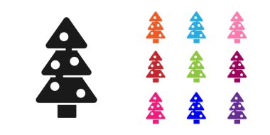 Dekorasyon simgesi beyaz arka planda izole edilmiş siyah Noel ağacı. Mutlu Noeller ve mutlu yıllar. Simgeleri renklendirin. Vektör.