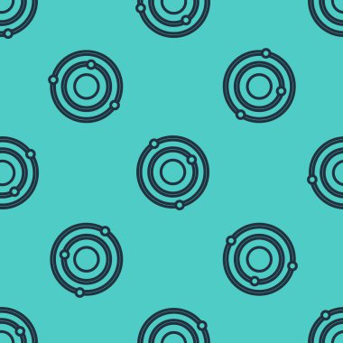 Siyah çizgi güneş sistemi simgesi yeşil arkaplanda izole edilmiş pürüzsüz desen. Gezegenler yıldızın etrafında dönerler. Vektör.