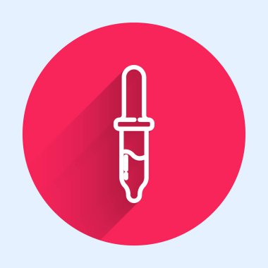Beyaz çizgi Pipette ikonu uzun gölgeli izole edilmiş. Tıbbi, kozmetik, kimya laboratuvarı ekipmanları. Kırmızı daire düğmesi. Vektör.
