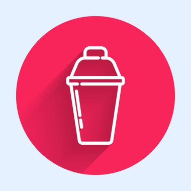 Beyaz çizgi kokteyl sallama simgesi uzun gölgeli izole edilmiş. Kırmızı daire düğmesi. Vektör.