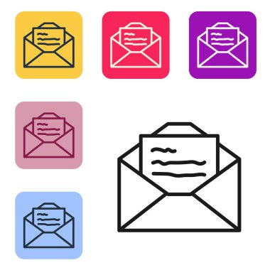 Siyah çizgi tebrik kartı simgesi beyaz arkaplanda izole edildi. Kutlama için davetiye ya da tebrik kartı şablonu. Renkli kare düğmelerle simgeleri ayarla. Vektör.