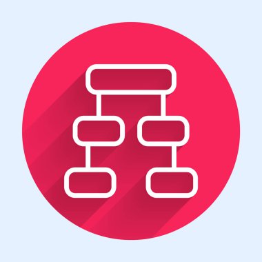 Beyaz çizgi İş Hiyerarşisi organizogram şeması bilgi ikonu uzun gölge arkaplanı ile izole. Kurumsal yapı grafik elementleri. Kırmızı daire düğmesi. Vektör