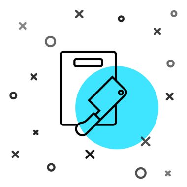 Siyah çizgi kesme tahtası ve et helikopter simgesi beyaz arka planda izole edildi. Kasap bıçağı. Tahta kesme sembolü. Rastgele dinamik şekiller. Vektör.