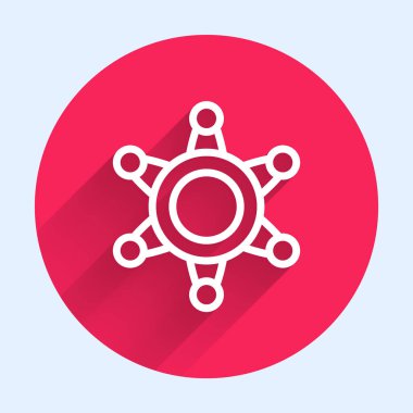 Beyaz çizgi şerifi Hexagram ikonu uzun gölgelerle izole edilmiş. Polis rozeti ikonu. Kırmızı daire düğmesi. Vektör.