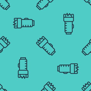 Siyah çizgi polis elektrik şok ikonu yeşil arka planda pürüzsüz desen izole etti. Korunma için şok edici. Şok tabancası elektrikli bir silahtır. Vektör.