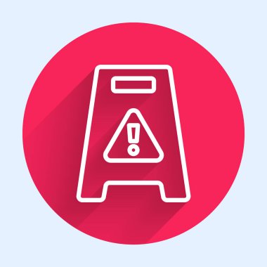 Beyaz çizgi ıslak zemin ve temizleme işlemi simgesi uzun gölgeli. Temizlik hizmeti konsepti. Kırmızı daire düğmesi. Vektör.