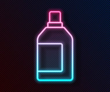 Parlak neon hattı. Çamaşır deterjanı, çamaşır suyu, bulaşık deterjanı ya da siyah arka planda izole edilmiş başka bir temizlik maddesi ikonu için plastik şişe. Vektör.
