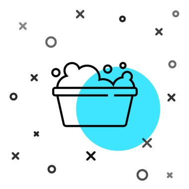 Beyaz zemin üzerinde sabun köpüğü olan siyah çizgi plastik leğen. Sulu kase. Çamaşır yıkama, temizlik malzemeleri. Rastgele dinamik şekiller. Vektör.