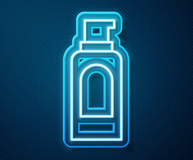 Parlayan neon hattı sprey kutusu, deodorant, terleme önleyici ikon mavi arka planda izole edilmiş. Vektör.