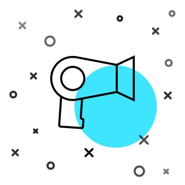 Siyah çizgi saç kurutma ikonu beyaz arkaplanda izole edildi. Saç kurutma makinesi tabelası. Saç kurutma sembolü. Sıcak hava üflüyor. Rastgele dinamik şekiller. Vektör.