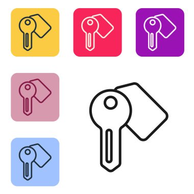 Siyah çizgi otelin kapı kilidi simgesi beyaz arkaplanda izole edildi. Renkli kare düğmelerle simgeleri ayarla. Vektör.